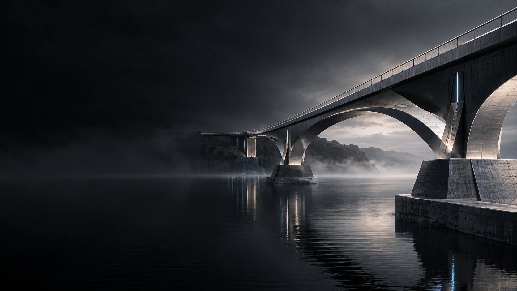 A sculptural bridge spanning dark water, connecting two sides through the mist